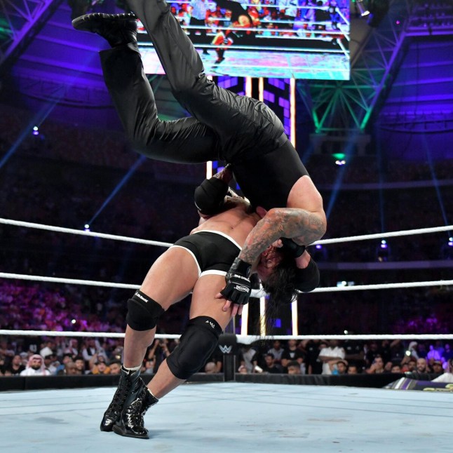 Goldberg hits the Jackhammer on The Undertaker at WWE Super ShowDown in April 2019