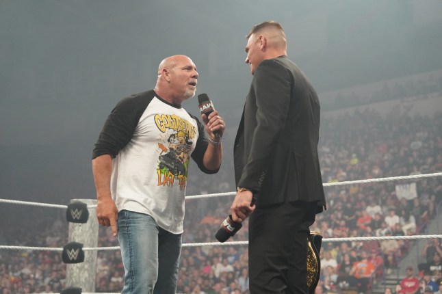 GREEN BAY, WISCONSIN - JUNE 16: Goldberg confronts Gunther during Monday Night RAW at Resch Center on June 16, 2025 in Green Bay, Wisconsin. (Photo by Rich Freeda/WWE via Getty Images)